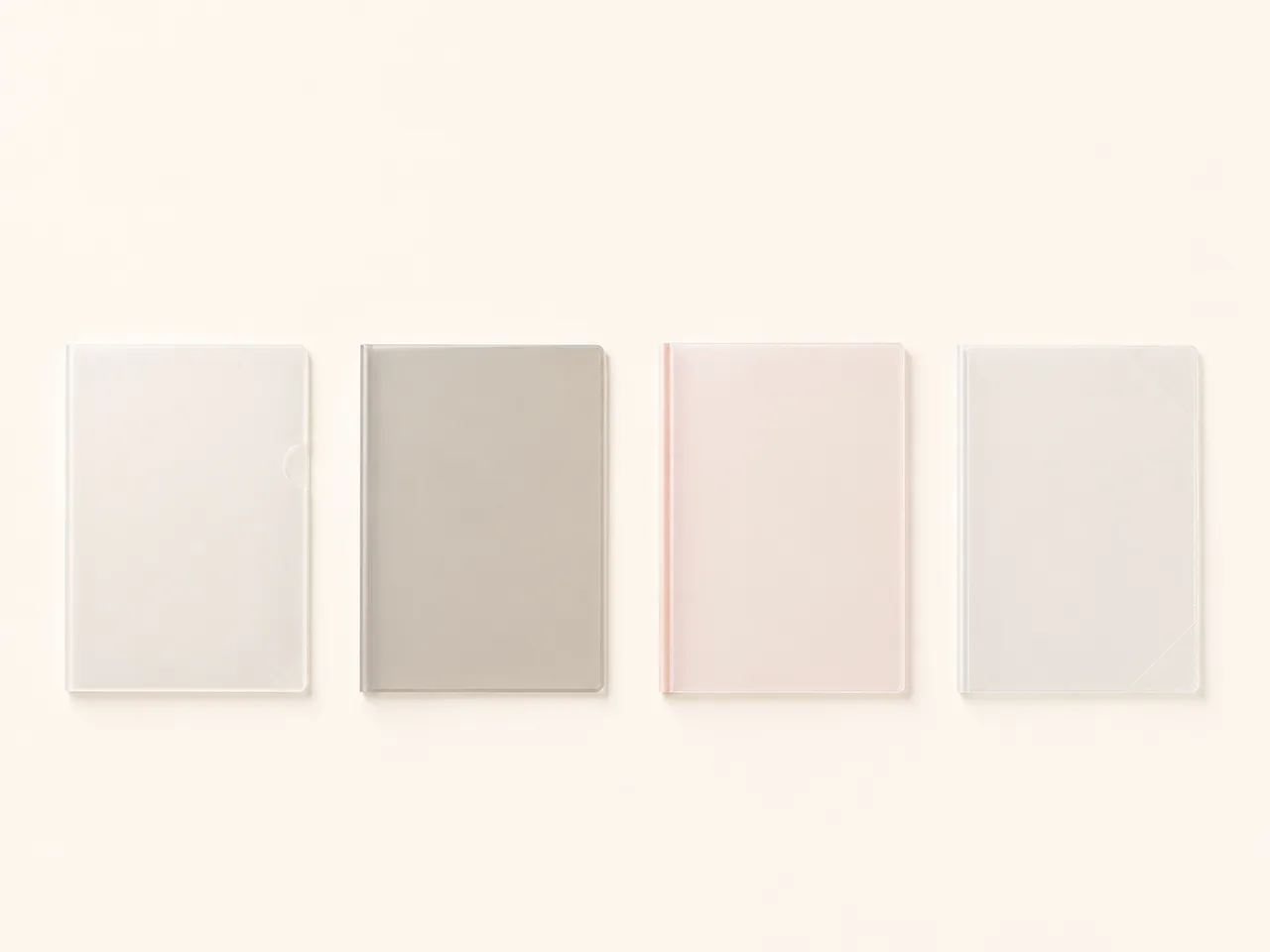 Transparent files and folders laid out in an evenly spaced row on a warm cream surface