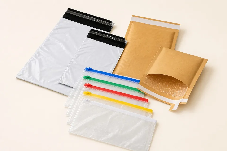 Courier bags, bubble envelopes, and zipper pouches arranged on a warm cream surface