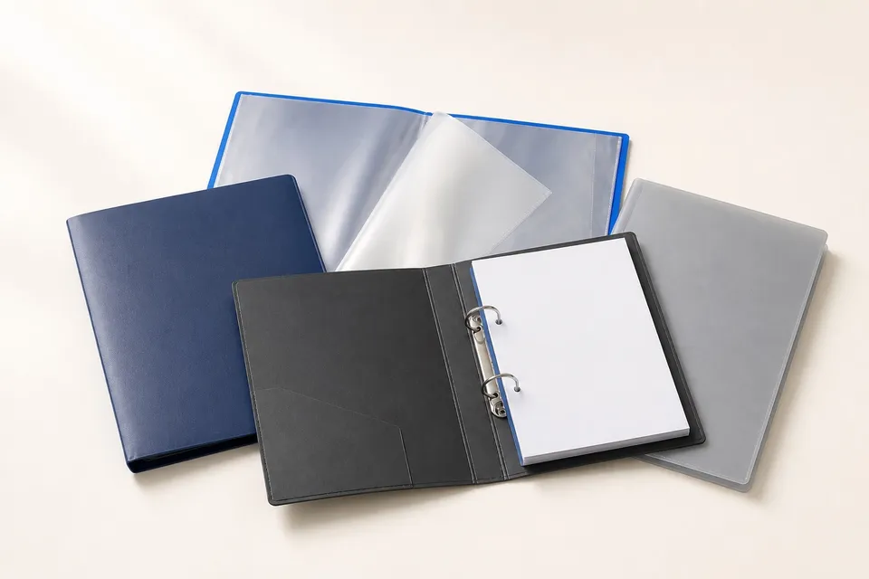 Files, folders, a display book, and a ring binder arranged on a warm cream surface