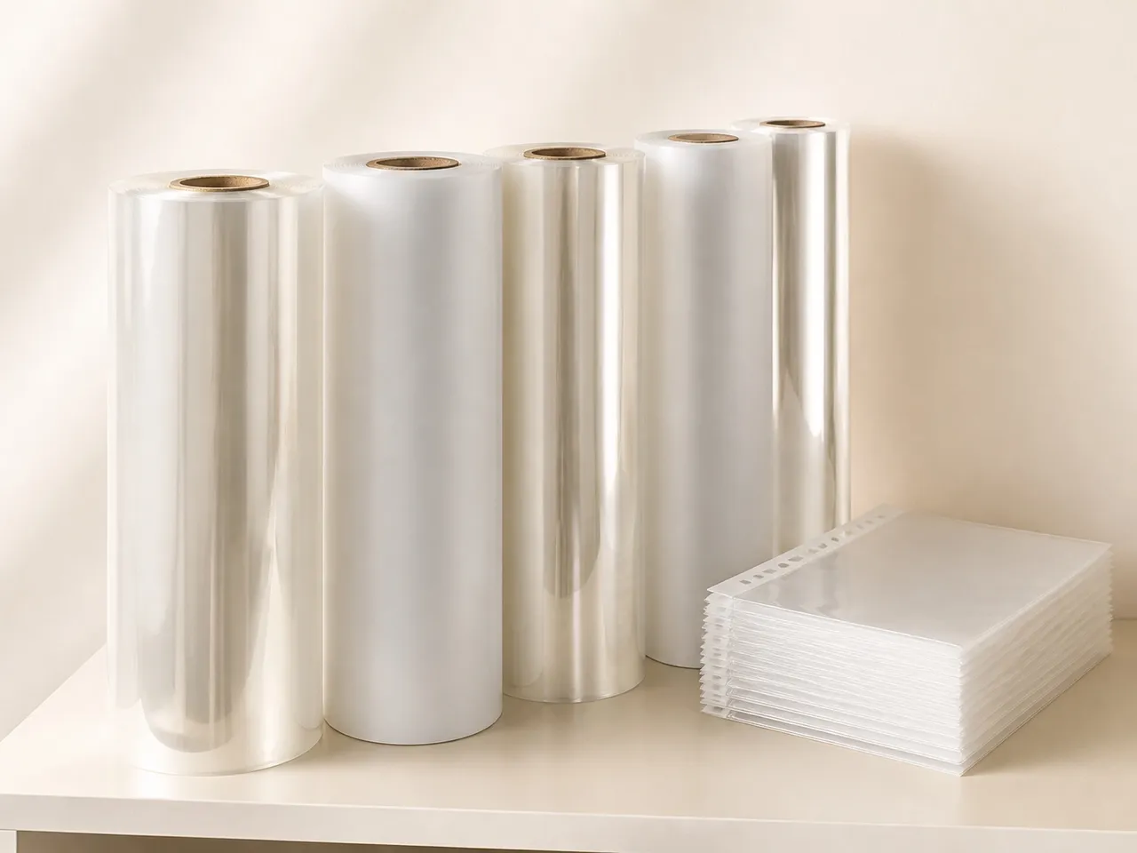Rolls of clear polypropylene film beside stacked transparent folders on organized shelving