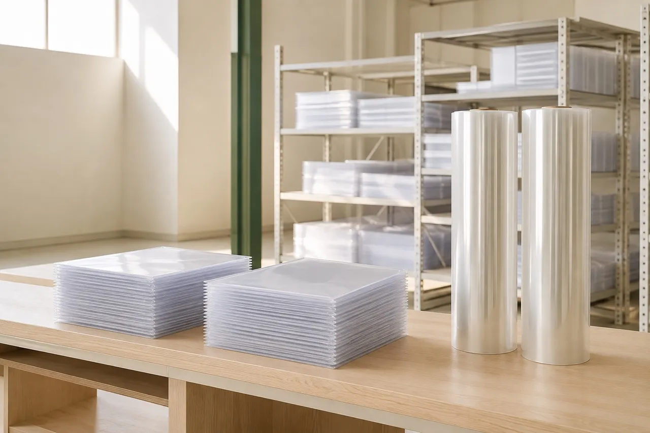 Squared stacks of transparent document folders and two rolls of clear polypropylene film on a work bench in front of stocked shelving