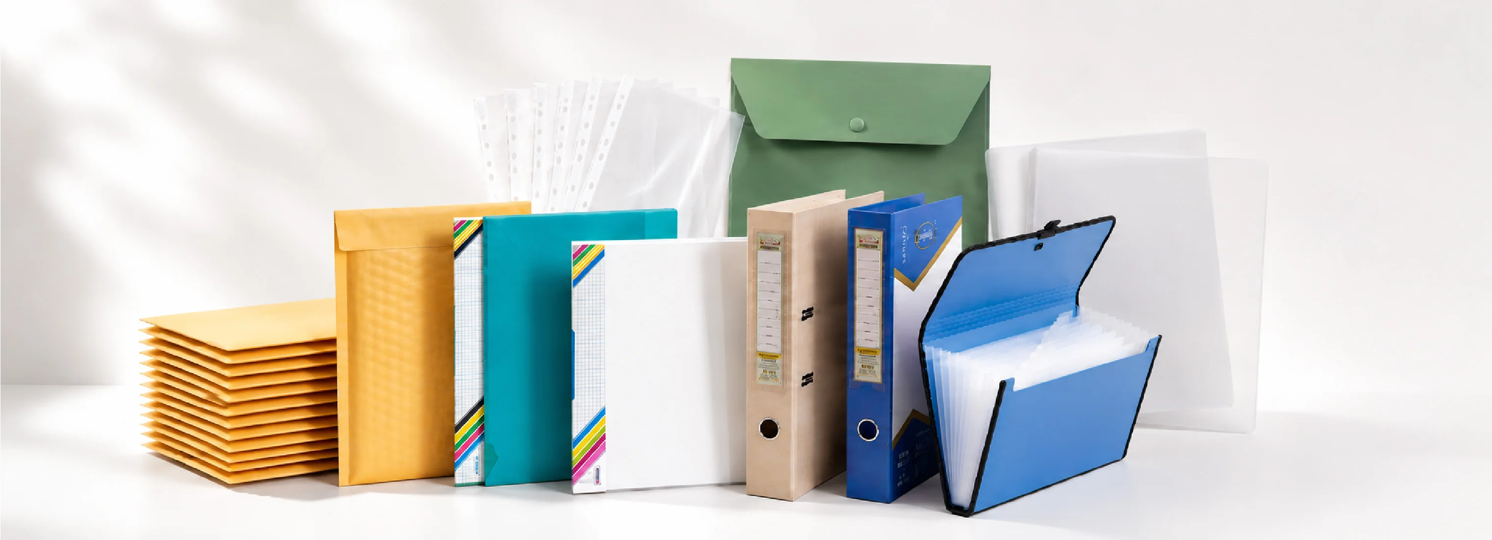 Aarpee kraft bubble envelopes, sheet protectors, an L folder, binding covers, a document wallet, lever arch files, and an expanding file grouped on a pale surface