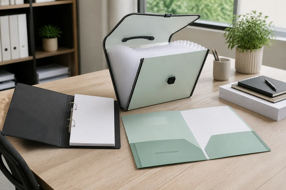 Aarpee-style expanding file, ring binder, and presentation folder arranged on an organized office desk
