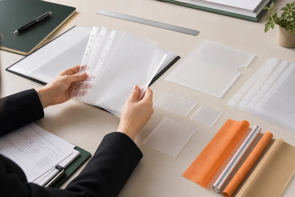 A procurement professional comparing transparent stationery samples in different formats and materials