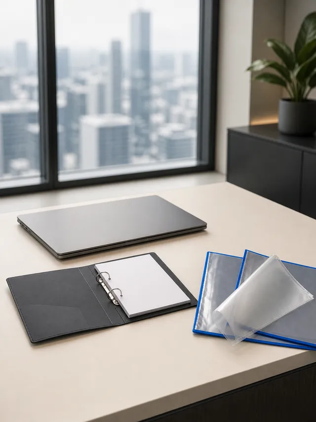 Executive desk with a ring binder and display books in a glass-walled corporate office