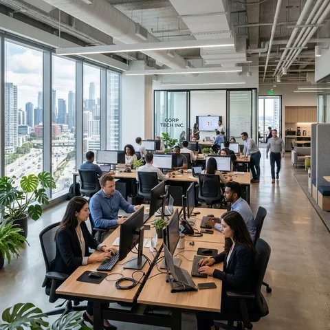 Open-plan corporate office with employees working at desks