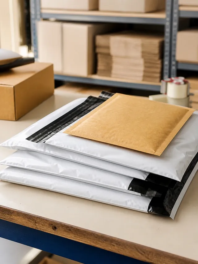 Sealed courier bags and a bubble envelope stacked ready for despatch on a packing bench