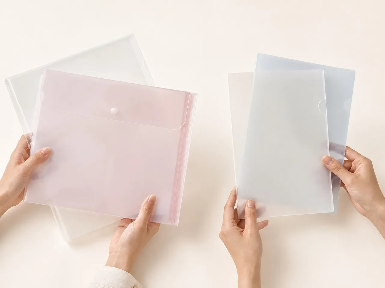 Hands comparing transparent stationery samples in different formats and materials