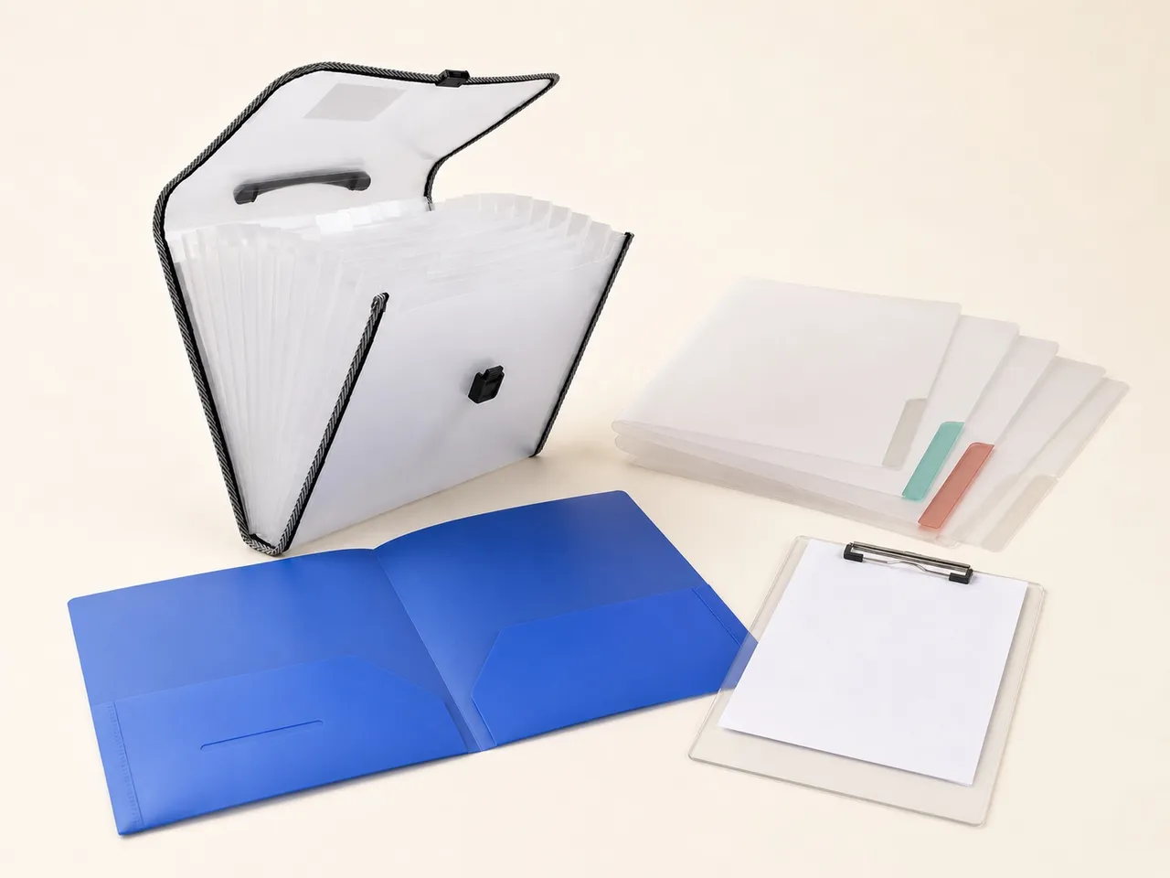 Expanding file, document folders, presentation folder, and exam pad arranged on a bright workspace