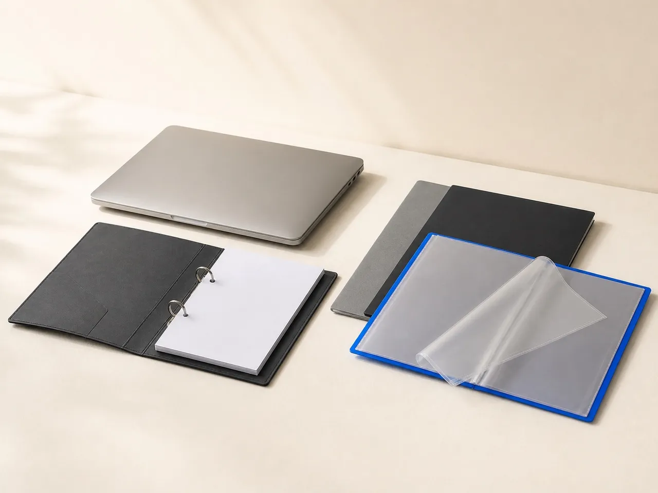 Ring binder, display book, and report files arranged on an organized office desk