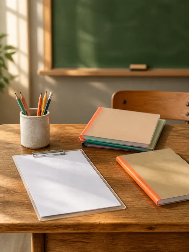 School desk with an exam pad and covered notebooks in front of a chalkboard