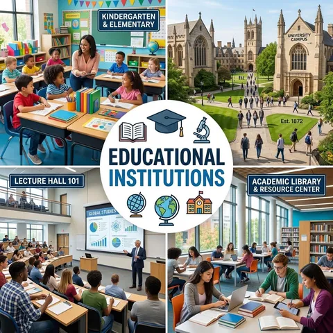Collage of classrooms, a university campus, lecture hall, and academic library