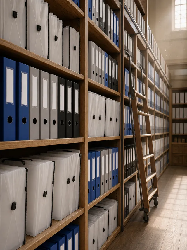 Rows of lever arch files and expanding files on tall government archive shelving