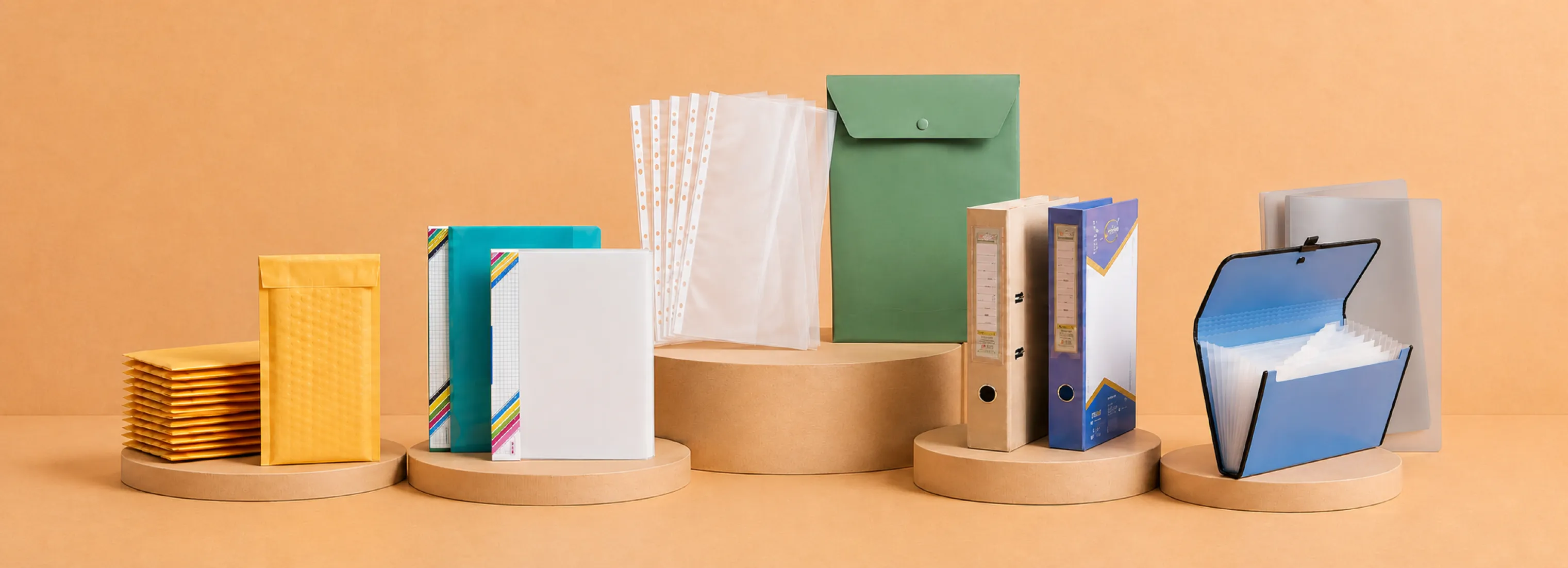 Aarpee files, folders, sheet protectors, binders, envelopes, and expanding file arranged on display plinths