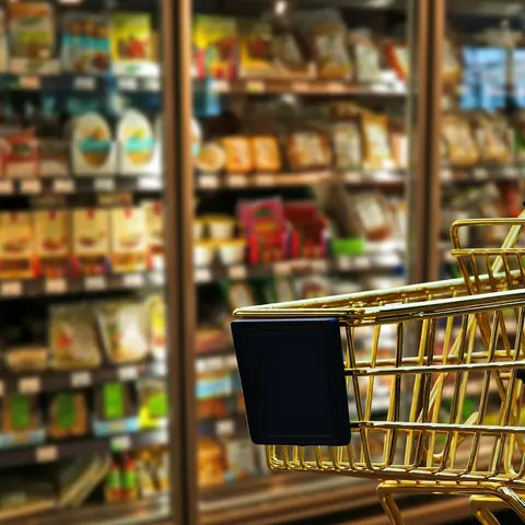 Shopping cart in front of retail shelves