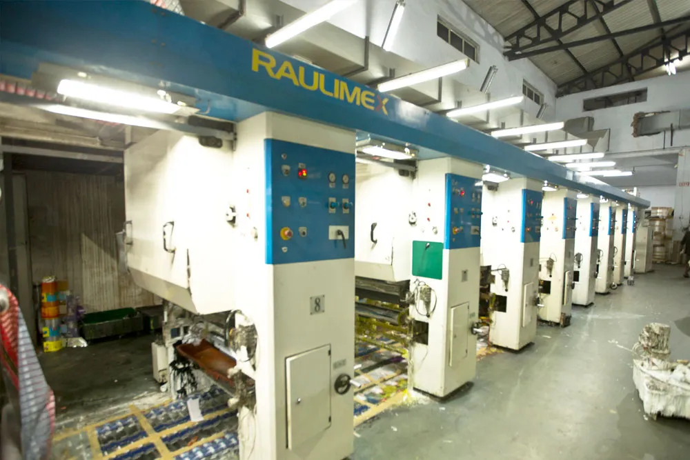 Multi-station rotogravure printing press in the printing hall