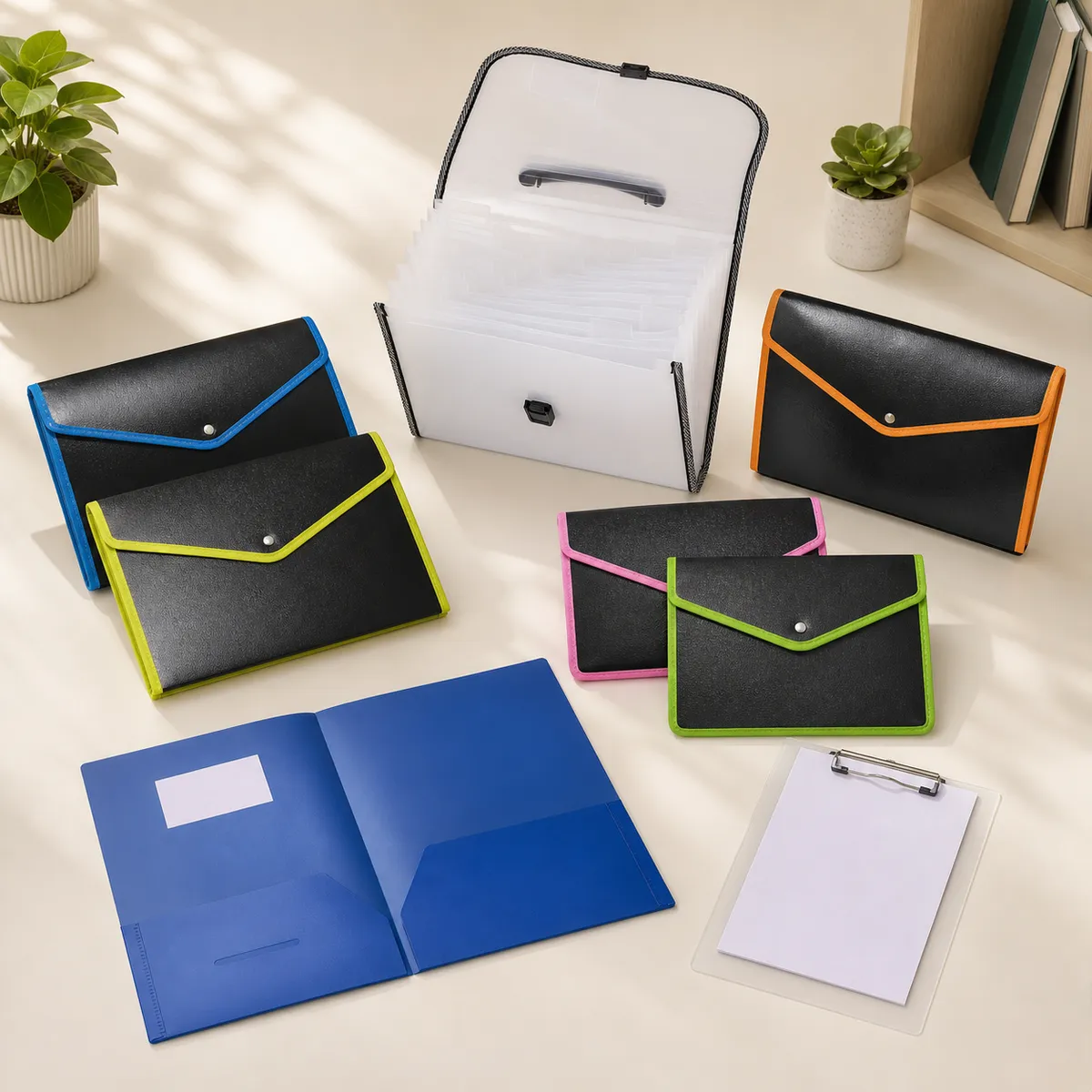 Expanding file, document folders, presentation folder, and exam pad arranged on a bright workspace